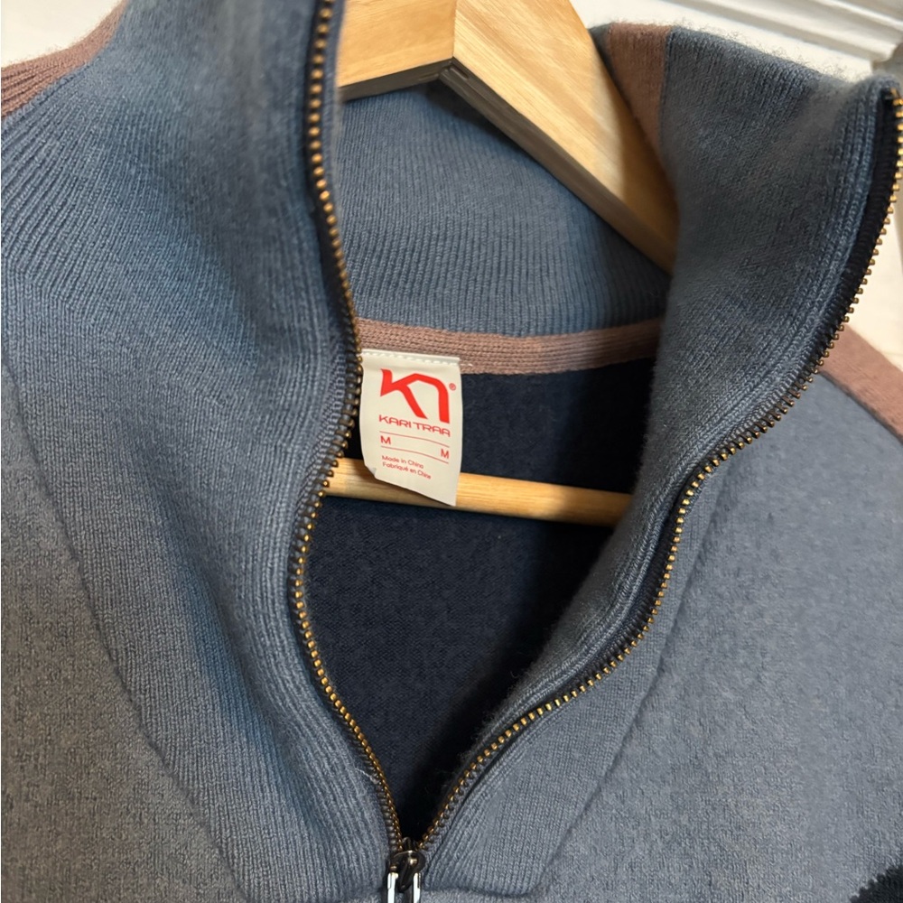 Women’s Quarter-Zip Colorblock Sweater - Navy, Slate & Brown - Picture 2 of 3